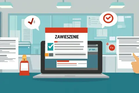 Dokument "Zawieszenie" na ekranie laptopa, obok dokumenty i ikony potwierdzenia. Proces zawieszenia działalności a konto firmowe.