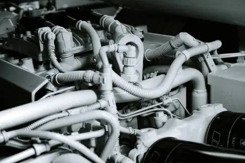 Dettaglio di un motore a 4 tempi, con tubi e componenti che illustrano una semplice spiegazione del suo funzionamento.