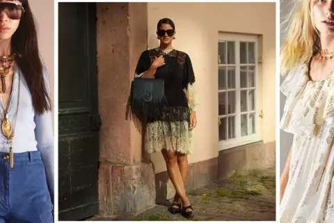 Estilo boho: mujer con collares dorados y top azul, otra con vestido de encaje negro y bolso flecos, y una tercera con vestido blanco volantes.