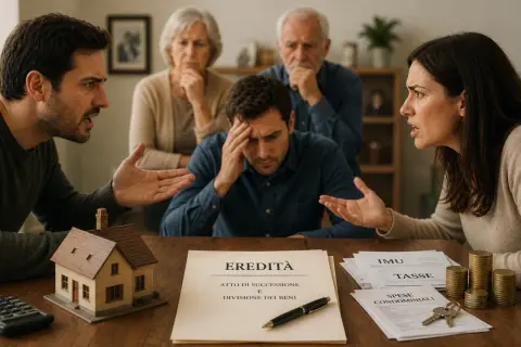 Famiglia in lite per l'eredità. La sorella non vuole fare la successione, mentre gli altri discutono animatamente attorno a documenti e una casa giocattolo.