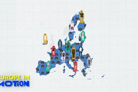 Ludzie z walizkami na mapie Europy, symbolizujący ruch i podróże między krajami.