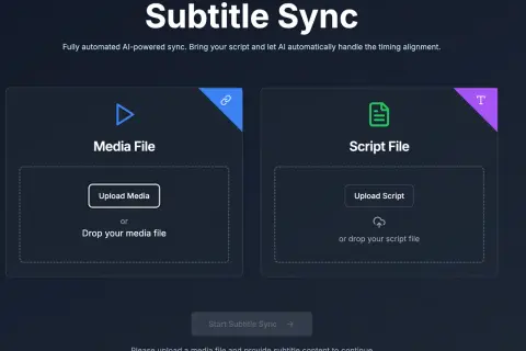 AI-powered Subtitle Sync interface. Upload media and script files to fix subtitles out of sync.