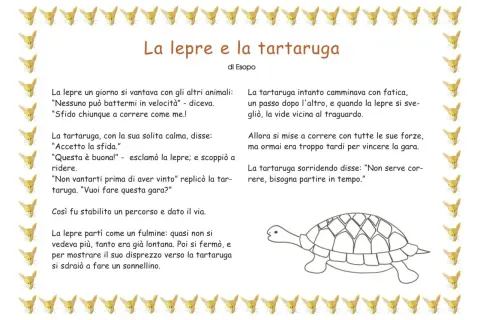 Storie per la nanna da leggere: la lepre si vanta, la tartaruga accetta la sfida e vince. Illustrazione con lepri e tartaruga.