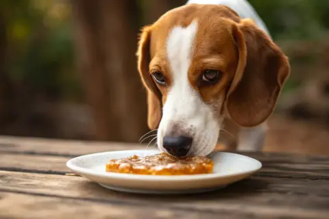 A beagle sniffs a piece of honeycomb on a plate, wondering if dogs have honey.