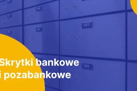 Rząd skrytek bankowych, w tym pko bp skrytka bankowa, z numerami i zamkami. Na pierwszym planie biały napis "Skrytki bankowe i pozabankowe".