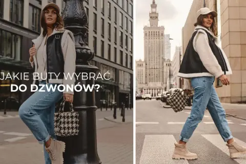 Kobieta w dzwonach i beżowych traperach, idealne buty do dzwonów. Stylowa miejska stylizacja.