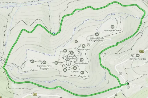 Mapa szlaku turystycznego wokół Twierdzy Srebrna Góra. Zaznaczone atrakcje: Fort Wysoka Skała, Bastion Dolny, Esplanada Fortu Rogowego, Fort Chochoł Mały.