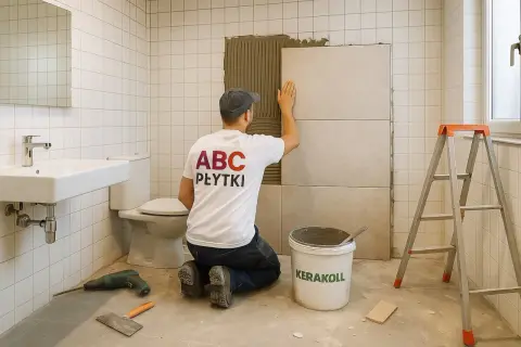 Fachowiec z koszulką "ABC PŁYTKI" kładzie nowe płytki na ścianie w łazience. Czy można położyć płytki na płytki? Tak, jeśli podłoże jest odpowiednio przygotowane.