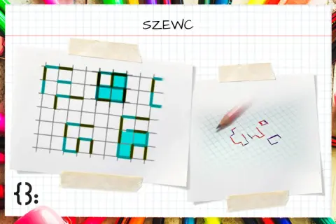 Dwie kartki z siatką: na jednej kolorowanka z literami, na drugiej szkic słowa "szewc" (gra).