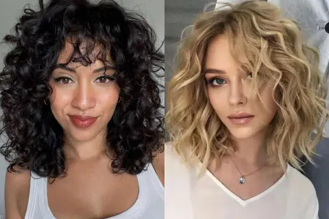 Dos mujeres con peinados pelo rizado media melena. Una con pelo oscuro y flequillo, la otra con pelo rubio ondulado.