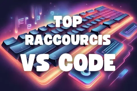 Clavier futuriste illuminé, texte "TOP RACCOURCIS VS CODE" en gros caractères blancs.