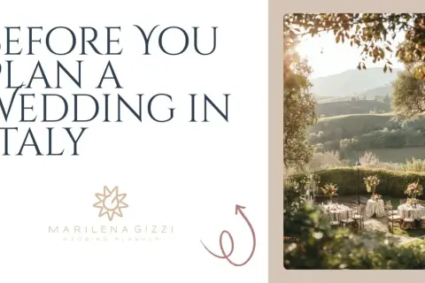 Prima di pianificare un matrimonio in Italia, scopri idee originali per l'intrattenimento matrimonio. Paesaggio toscano con tavoli allestiti.