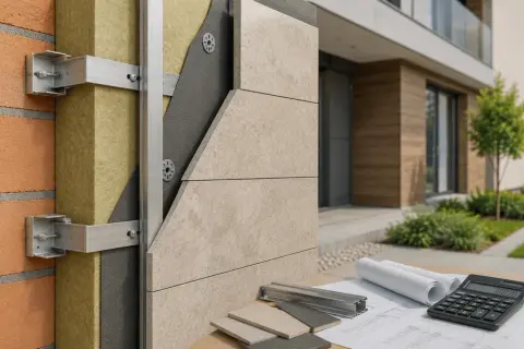 Detalle constructivo de una fachada ventilada, mostrando ladrillo, aislamiento, estructura metálica y revestimiento cerámico. Planos y calculadora sugieren el diseño.