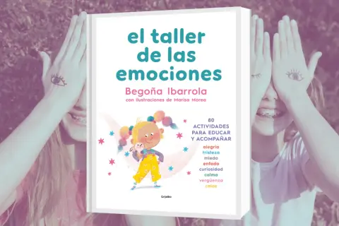 Libro "El taller de las emociones" con actividades para educar y acompañar. Niños cubren sus ojos con manos dibujadas.
