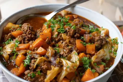 Herzhaftes One-Pot-Gericht mit Hackfleisch, Süßkartoffeln und Kohl, garniert mit Petersilie. Perfekt für kalte Tage.