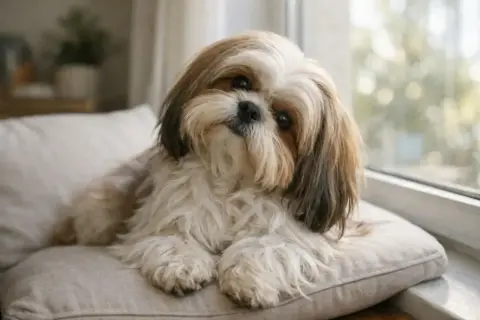 Uroczy shih tzu z długimi, jedwabistymi włosami, które przypominają ludzkie, leży na poduszce.