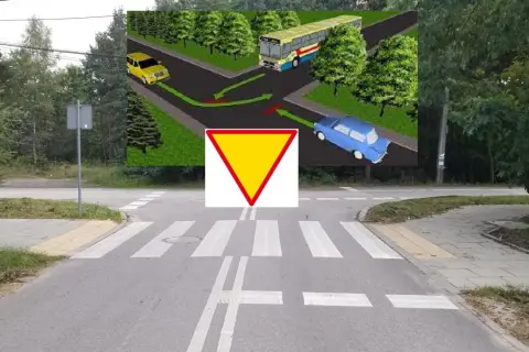 Skrzyżowanie równorzędne z żółtym trójkątem ustąp pierwszeństwa. Żółty samochód skręca, niebieski jedzie prosto, a autobus skręca w lewo.