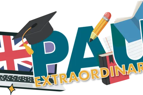 ¡Prepárate para el examen selectividad inglés! Un portátil con la Union Jack, birrete, libros y un lápiz gigante forman la palabra PAU EXTRAORDINARIA.