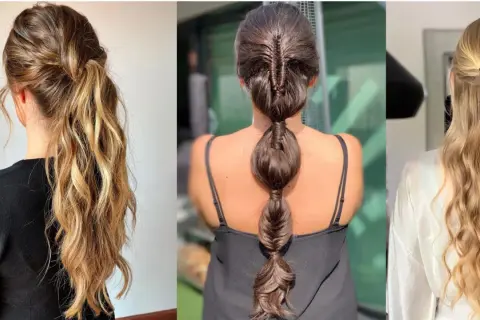 Peinados pelo largo liso fiesta: coleta baja con ondas, trenza burbuja y media coleta trenzada.