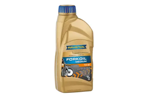 Złota butelka oleju do lag motocyklowych Ravenol Forkoil Medium 10W.