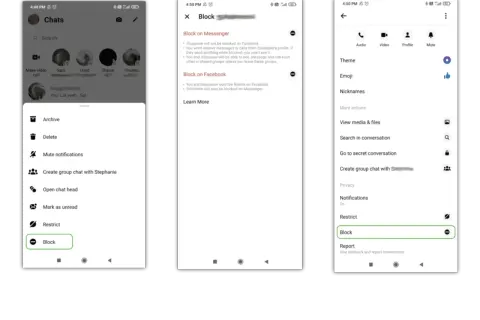 Jak usunąć konto na Messengerze? Zrzuty ekranu pokazują opcje blokowania użytkownika i zarządzania rozmową.