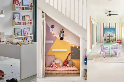Minimalist playroom ideas: a white play table with toys, a cozy under-stairs nook, and a colorful room with a table and chairs.