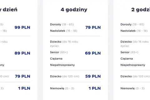Suntago cennik rodzinny: ceny biletów całodniowych, 4-godzinnych i 2-godzinnych dla dorosłych, nastolatków, dzieci, seniorów i niemowląt.