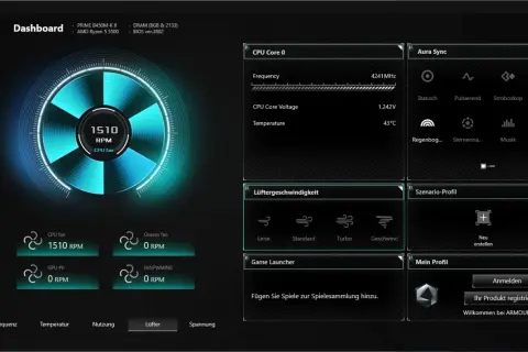 Armoury Crate Dashboard zeigt Lüftergeschwindigkeit des AMD Ryzen 5 5500 mit 1510 RPM.