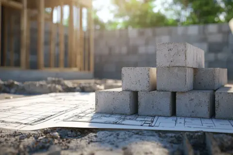 Stos bloczków gazobetonu na planach budowy domu. Wybór materiału: gazobeton czy pustak ceramiczny?