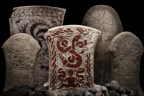 Kamienne stele z pradawnymi runami i zdobieniami. Centralna kamienna płyta ozdobiona jest czerwonymi, wijącymi się wężami i postacią.