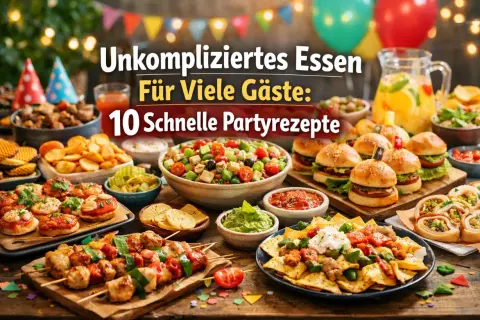 Festliches Buffet mit vielen Leckereien für ein unkompliziertes Weihnachtsessen für 10 Personen: Mini-Burger, Spieße, Salate und mehr.