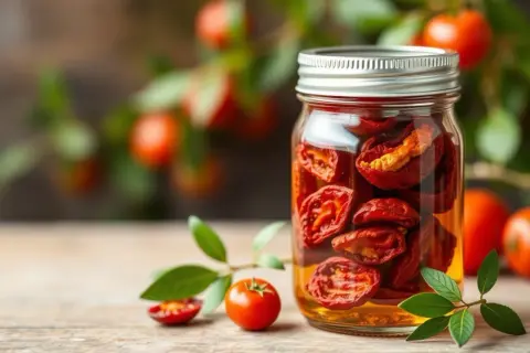 Glas mit getrockneten Tomaten in Öl, daneben frische Tomaten und grüne Blätter.