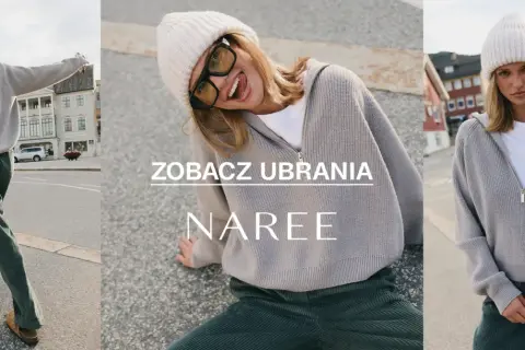 Kobieta w czapce i swetrze z wełny merino spaceruje po mieście. Centralna część zdjęcia pokazuje zbliżenie na jej twarz i ubranie.