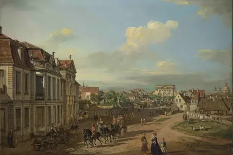 Ulica tętni życiem, wozy z beczkami i eleganckie karoce przemierzają trakt. Bernardo zwany Canaletto uchwycił gwar miasta i jego mieszkańców.
