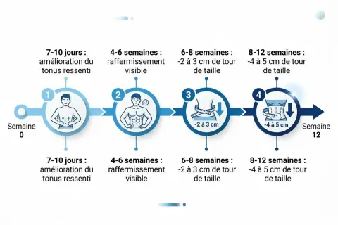 Progression de la perte de centimètres de tour de taille sur 12 semaines. Un contrôle chronotachygraphe de la durée des effets est visible.