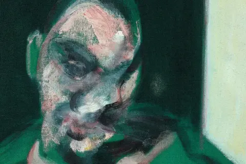 A haunting portrait in the style of artists like Francis Bacon, with blurred features and intense brushstrokes on a dark green background.