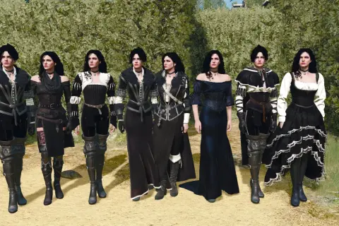 Wiedźmin 3 alternatywny wygląd porównanie: Yennefer w różnych strojach, od eleganckich sukni po bardziej praktyczne, bojowe kreacje.