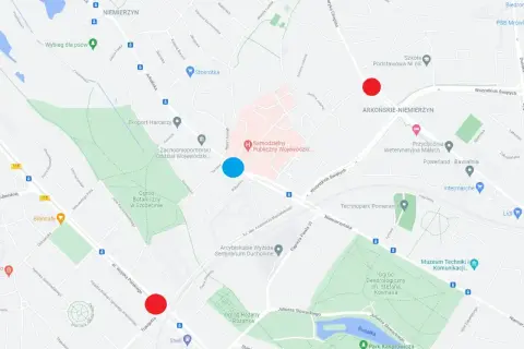 Mapa Szczecina z zaznaczonymi punktami. Czerwone kropki wskazują miejsca, które mogą być pomocne w planowaniu, jak dojadę Szczecin.