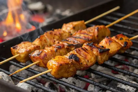 Saftige Hähnchen-Schaschlik-Spieße brutzeln über glühender Kohle. Das ist das beste russische Schaschlik Rezept für den Sommer!