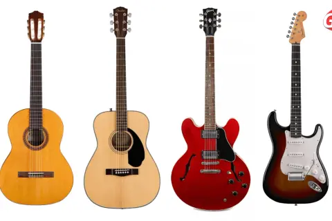 Vier Gitarren: Klassik-, Akustik-, rote E-Gitarre und Fender Stratocaster.