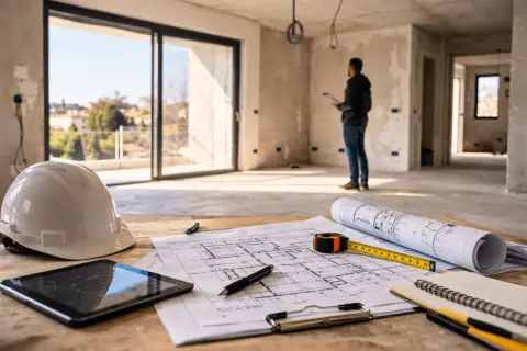 Casco, tablet, progetti e metro: ecco cosa serve per ristrutturare casa. Un uomo osserva i lavori in corso.