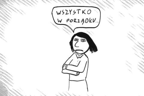 Kobieta z założonymi rękami mówi "Wszystko w porządku...", ale jej mina zdradza pasywną agresję.