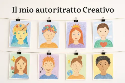 Otto disegni colorati di bambini, ognuno con un simbolo che rappresenta la sua personalità. Un autoritratto creativo di idee e sogni.