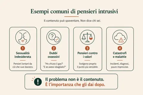 Esempi di pensieri intrusivi: sessualità indesiderata, dubbi ossessivi, pensieri contro i valori, catastrofi e malattie. Il problema è l'importanza che dai loro.