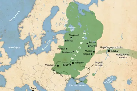 Karta över Kievriket, en viktig del av Ukrainas historia. Området sträcker sig från Östersjön till Svarta havet, med städer som Kiev och Novgorod.