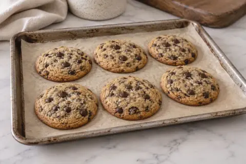 Six délicieux cookies aux pépites de chocolat sur une plaque de cuisson. Peut-être que le secret pour comprendre pourquoi mes cookies sont mous se trouve dans leur texture parfaite.