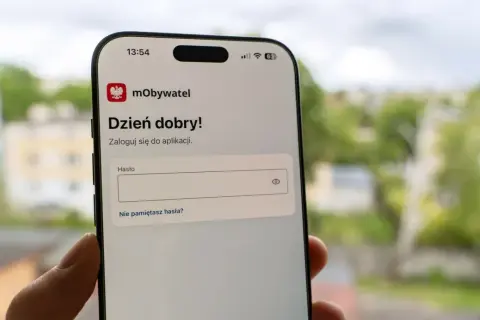 Ekran logowania aplikacji mObywatel. Dzień dobry! Zaloguj się do aplikacji. Pole na hasło.