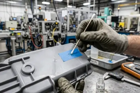 Guanto con cotton fioc applica solvente su nastro blu per rimuovere vernice dalla plastica.