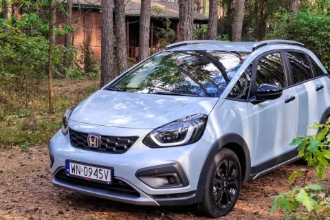 Jasny Honda Jazz Crosstar zaparkowany w lesie, obok drewnianego domku.
