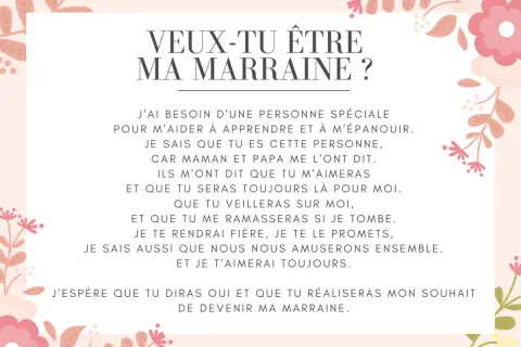 Texte d'une demande de marraine : "Veux-tu être ma marraine ?" avec des promesses d'amour et de jeux.